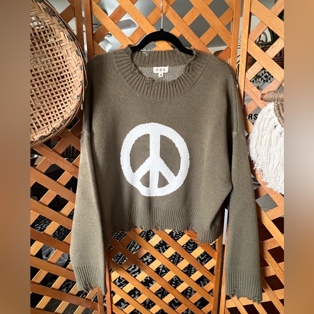 POL Olive Green Crewneck Sweater with White Peace Sign